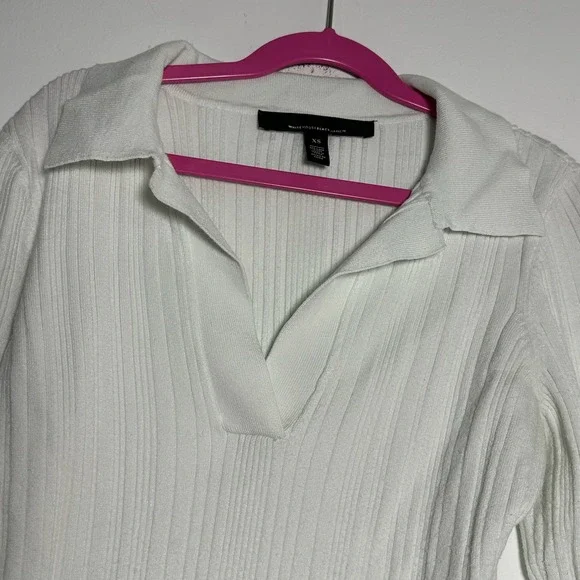 White House Black Market Ribbed Polo Sweater White V-Neck Long Sleeve XS - Picture 4 of 6